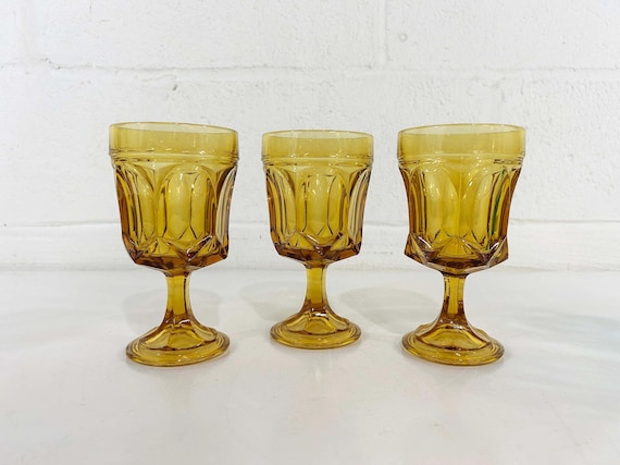 Vintage Amber Goblets Set of 3 Water Glasses Stemmed Glass Yellow Orange Anchor Hocking Fairfield 1970s 1960s