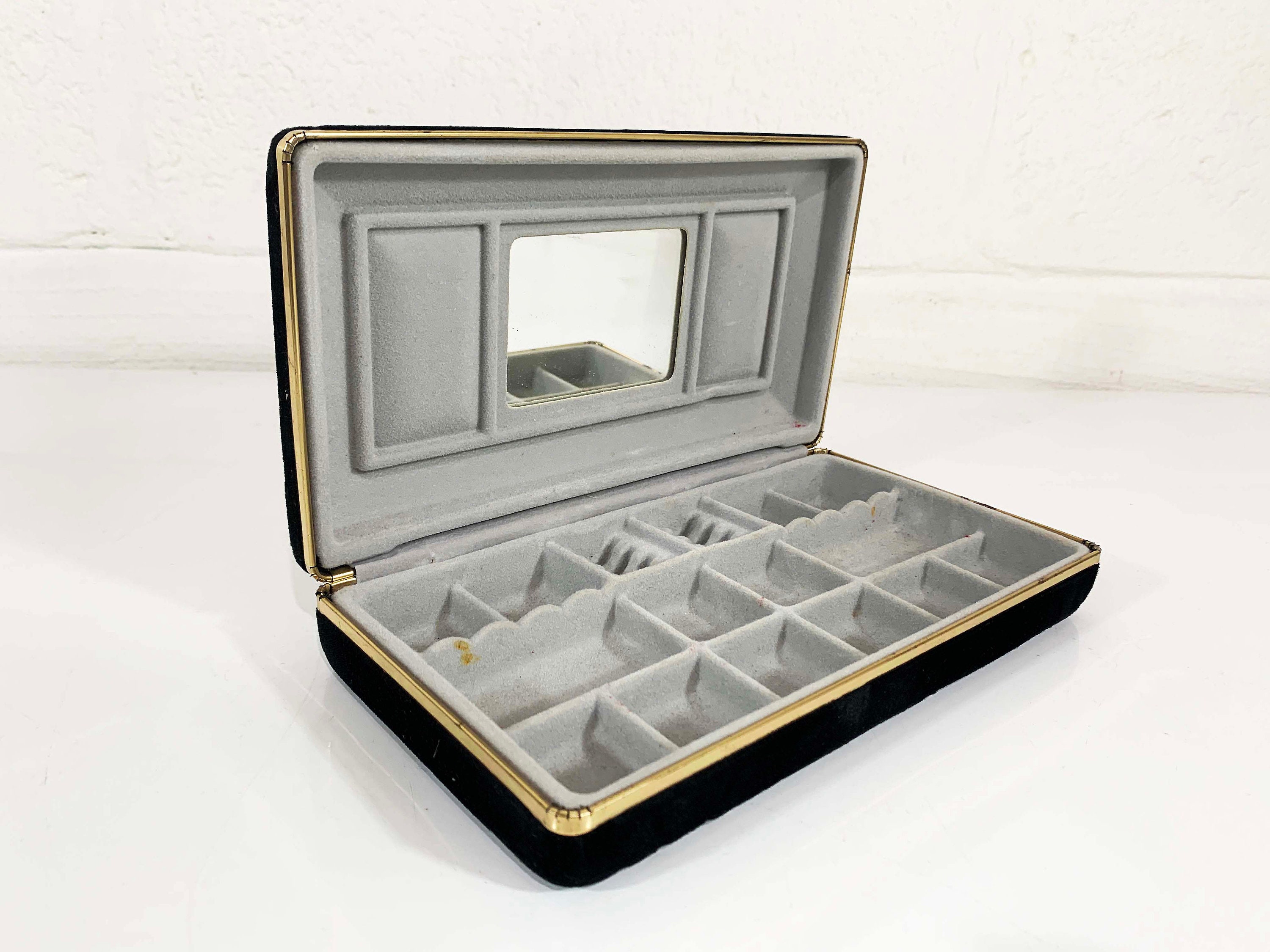 Vintage Travel Jewelry Box Velvet Earring Ring Case Black Mirror Hard