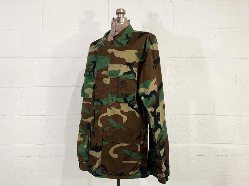 Vintage Army Camo Jacket Canvas Cargo Green Brown Black Hipster Cotton Canvas Coat Military Camouflage Cotton USMC Marine 1970s 1980s XL image 2