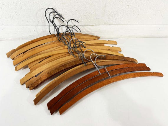 Vintage Wooden Hangers Set of 19 Rustic Industrial Decor Coat Wood Hanger Display Clothes Danish Modern 1950s