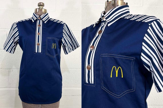 Vintage McDonald’s Uniform Polo Shirt 1976 Crest 1970s Navy Blue White Fast Food Restaurant Dead Stock NOS Deadstock 70s Medium Small