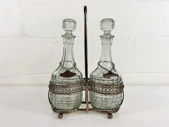 Vintage Decanter Set Glass Liquor Scotch Whiskey Cocktail Bar Cart Barware 1950s 1960s