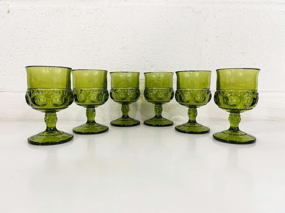 Vintage Green Aperitif Glasses Kings Crown Cordial Glassware - Set of 6 Stemware Barware