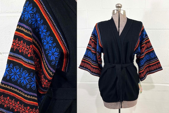 Vintage Cardigan Belted Bell Sleeve Sweater 3/4 Sleeve V Neck Striped Fair Isle Boho Hippie Snowflake Nordic Black Blue Red 70s 1970s Large
