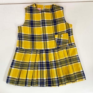 Vintage Children's Yellow Dress Plaid Pleated Skirt Kid's Sleeveless Girl's Dress Children Blue Navy 1960s 60s image 1