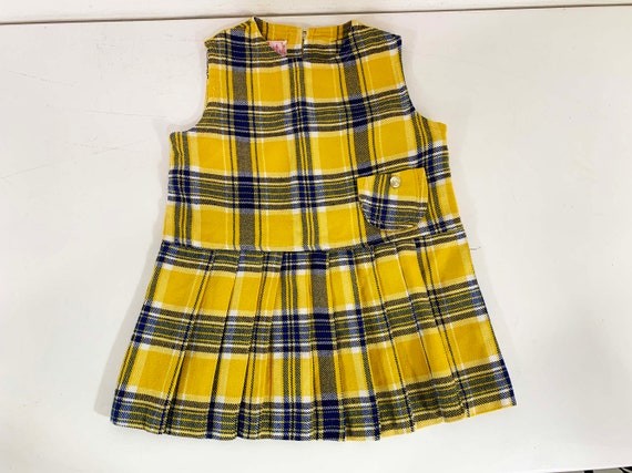 Vintage Children's Yellow Dress Plaid Pleated Skirt Kid's Sleeveless Girl's Dress Children Blue Navy 1960s 60s
