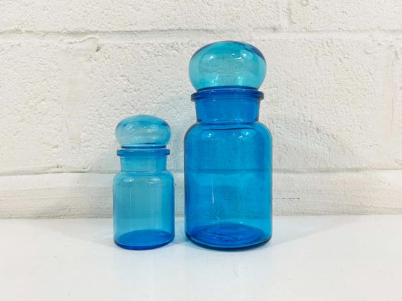Vintage Blue Glass Apothecary Jar Pair Made in Belgium Set of 2 Jars Mid-Century Modern 1960s