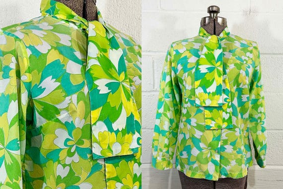 Vintage Pussybow Blouse Mod Floral Long Sleeve Secretary Top Abstract Green Button Front Shirt 1960s Medium Large