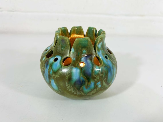 Vintage Votive Candle Holder Fairy Lamp Tea Light Mid-Century Monterey Jade Pottery Green Ceramic Iridescent Drip Glaze California USA 60s