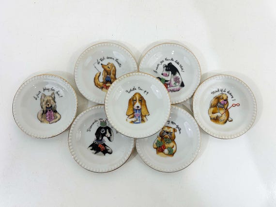 Vintage 1950s Ardalt-Lenwile Bridge Playing Cards Dog Plate Nut Dish Ashtray Coaster Set of 7 Mid-Century