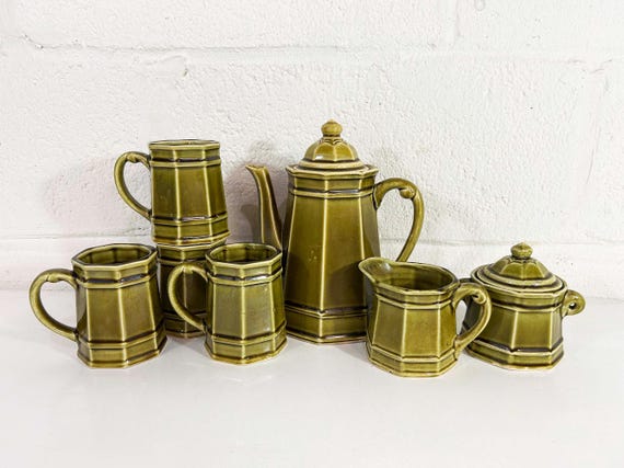 Vintage Green Teapot Coffee Pot Set Tea Cup Mug 1970s Sugar Bowl Cream Creamer AES Stone Craft Royal Sealy Japan Serving Host Dinner Party