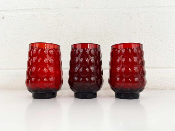 Vintage Red Glasses Set of 3 Glass Cocktail Retro Home Kitchen MCM 1960s 1950s MCM Anchor Hocking Royal Ruby Bubble Juice Glassware