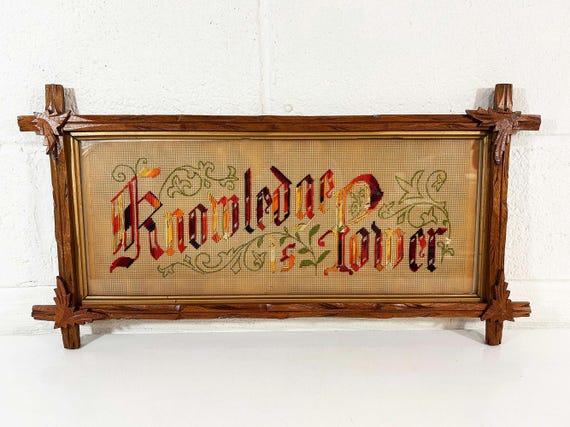 Antique Victorian Punch Paper Embroidery Adirondack Frame “Knowledge is Power” Needlepoint Framed Wall Hanging Handmade 1800s 1900