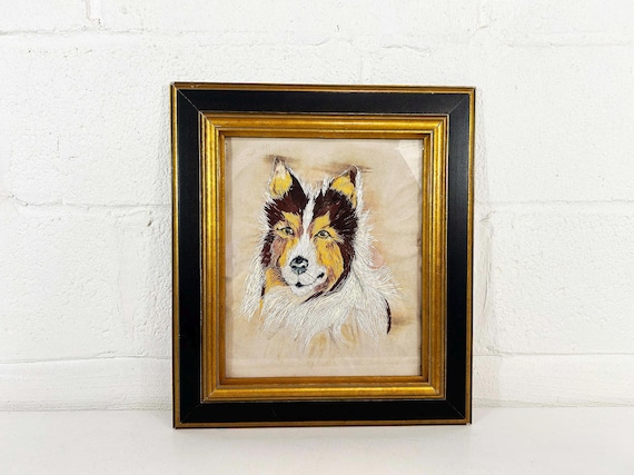 Vintage Dog Original 3D Art Amateur Artist 1980s Puppy Dogs Puppies Embroidered Portrait Shetland Sheepdog Collie