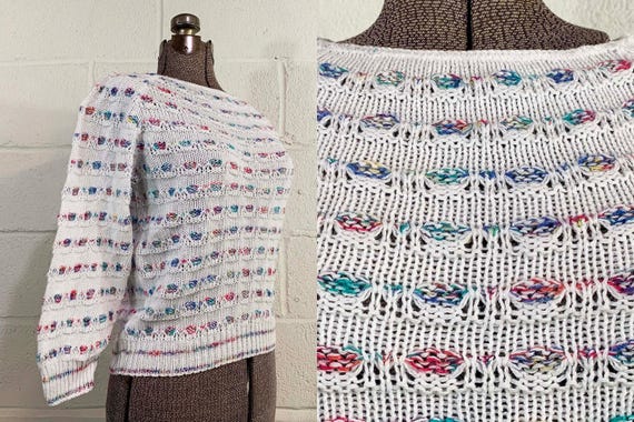 Vintage White Loose-Knit Long Sleeve Sweater Jumper Boat Neck Stripe Helen Sue 1980s 80s Small