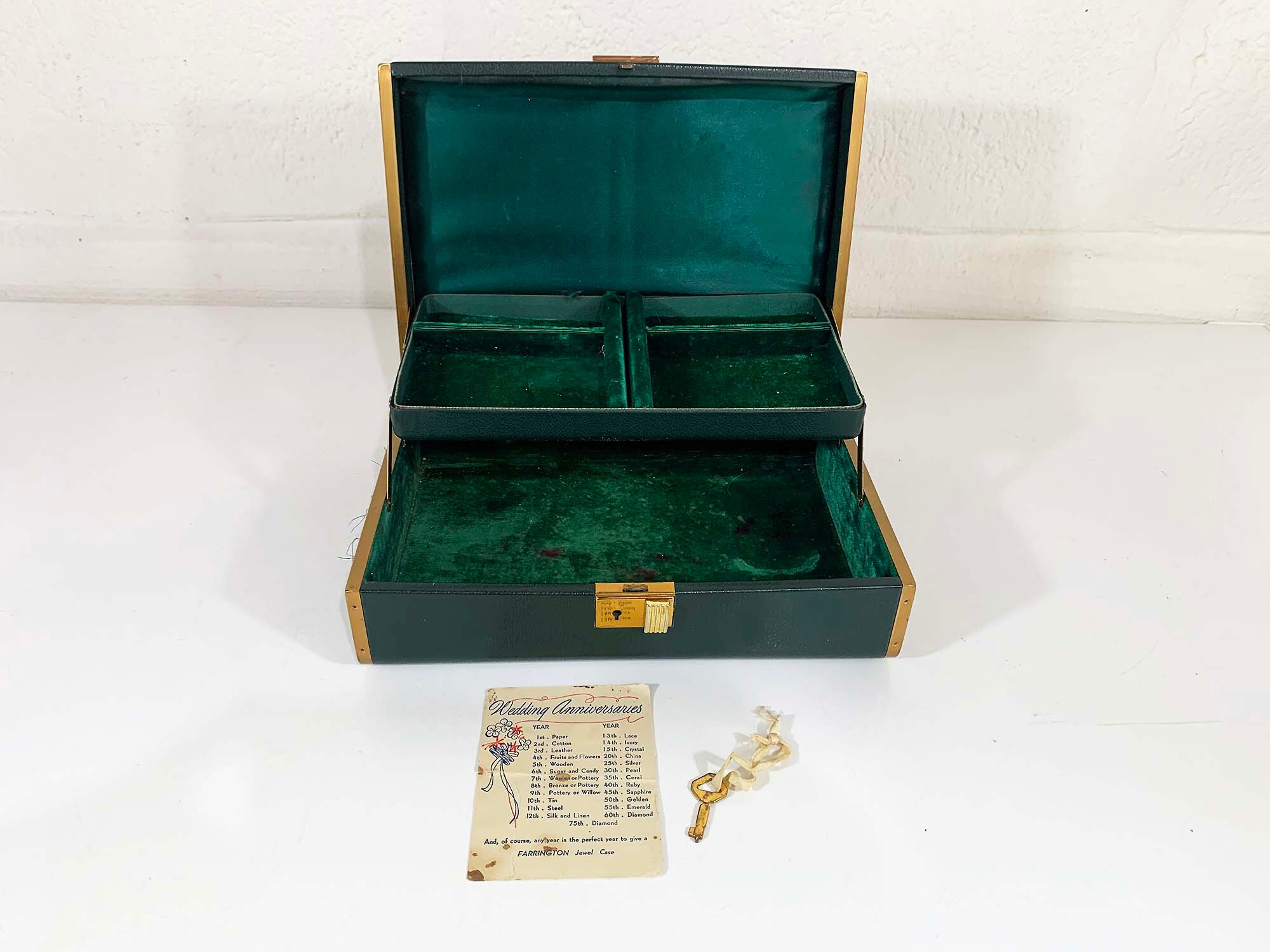 Vintage Green Farrington Jewelry Box Crushed Velvet Forest Gold Floral