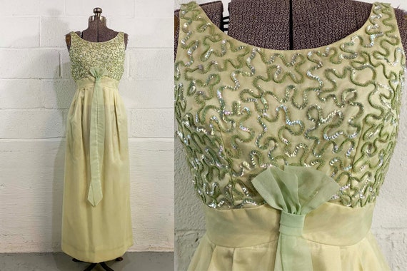 Vintage 60s Sage Green Formal Dress Prom Maxi Party Cocktail Mad Men Megan Draper Sleeveless Formal Hostess Gown Union Made 1960s XXS XS