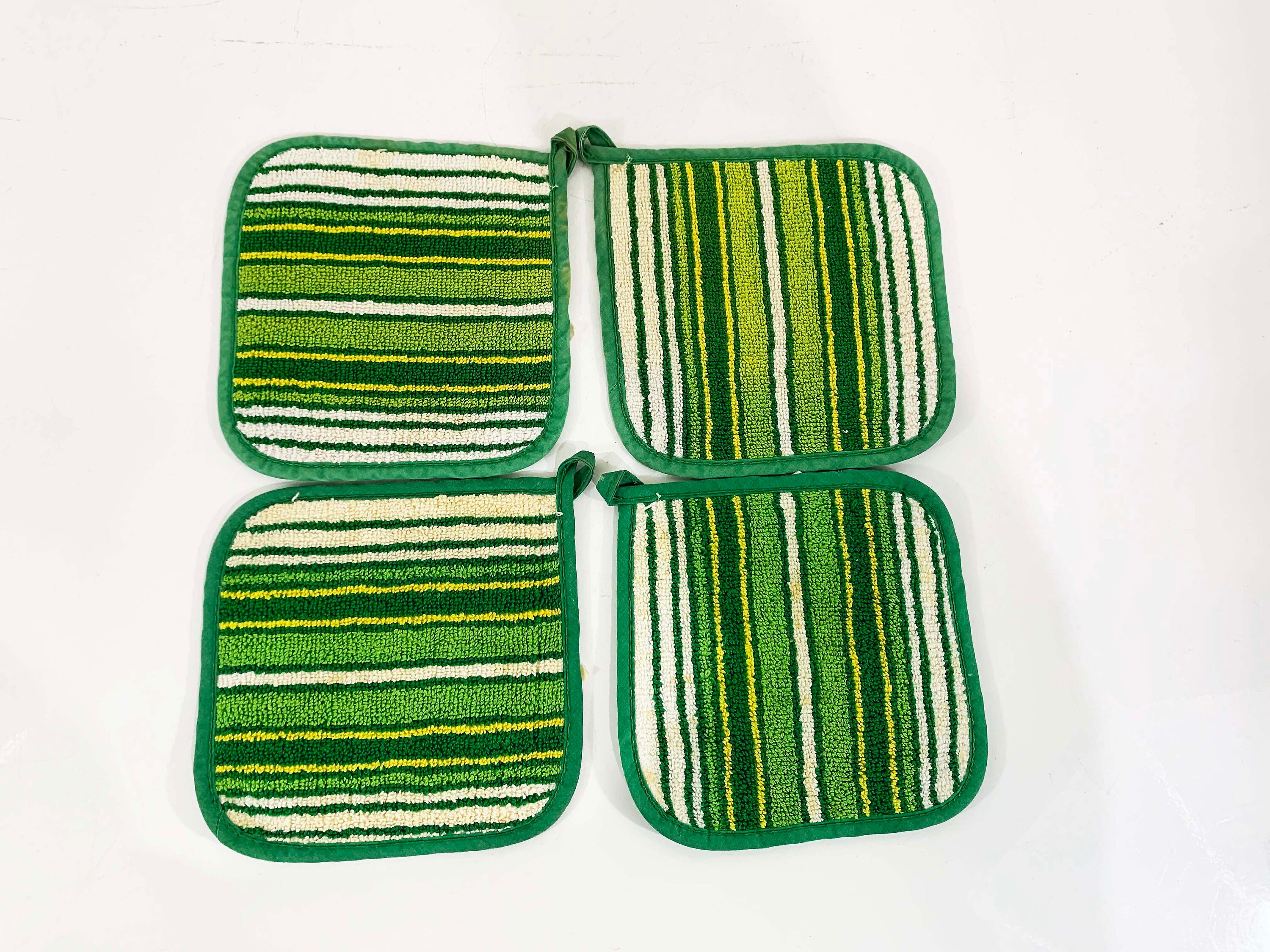 Vintage Oven Mitt Pot Holder Set of Four Yellow White Green MidCentury