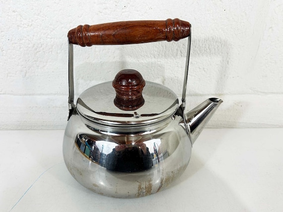 Vintage Stainless Steel Tea Kettle 1970s Wooden Handle Teapot Danish Style Wood Kitchen Decor Silver Teapot