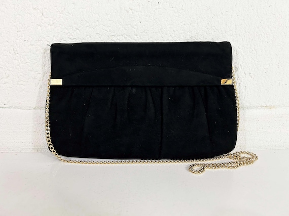 Vintage Suede Shoulder Bag Purse Handbag Black Velvet Chain Strap Envelope Clutch Evening 1970s 1980s