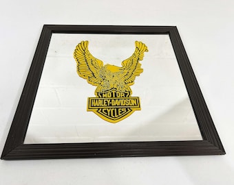 Vintage Harley-Davidson Square Mirror Carnival Prize Framed Art Fair Game 1970s Pub Wall Decor Motorcycle