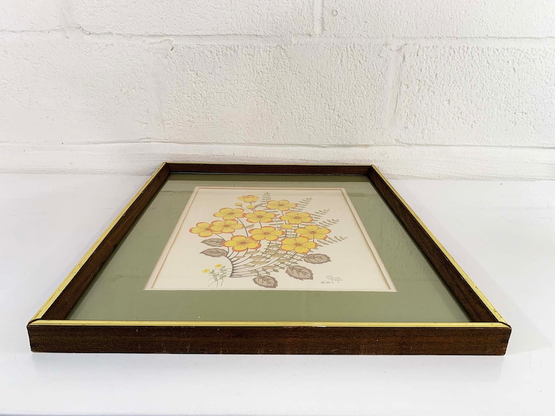 Vintage Framed Floral Print Olivia Francis Frame Lithograph Litho Yellow Flowers 1981 1980s image 8