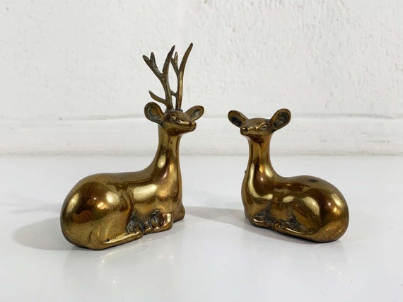 Vintage Brass Deer Set of 2 Reindeer Pair Mid-Century Hollywood Regency Home Décor Holiday Christmas Figure Buck Doe Antler 1960s 1970s MCM