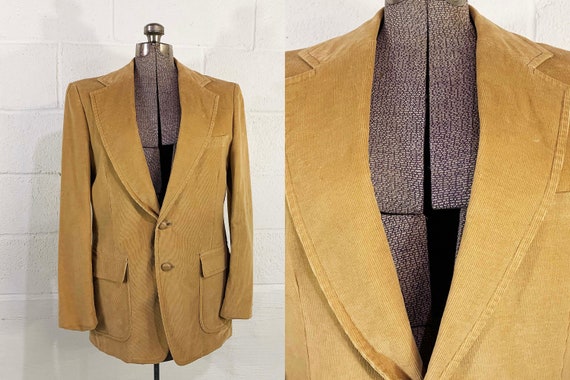 Vintage Corduroy Blazer Tan Brown Suit Sport Jacket Tailored Sears Men's Store Long Sleeve Coat Two Button Front 1970s Large