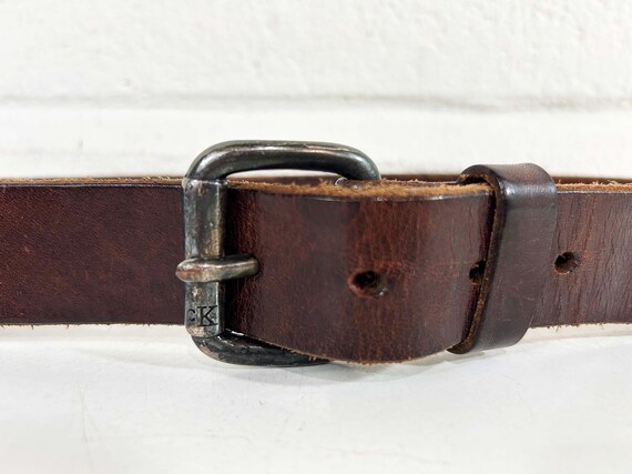Vintage Calvin Klein Leather Belt Western Southwest Cowgirl Rockabilly Country Oxidized Silver Tarnished Buckle Small 1990s Y2K