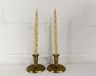 Vintage Brass Candle Holders Pair of Candlesticks Retro Etched Atomic Decor Mid-Century Hollywood Regency Candleholders Christmas