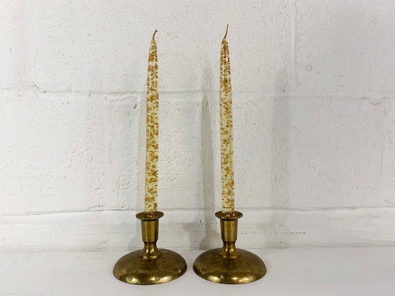 Vintage Brass Candle Holders Pair of Candlesticks Retro Etched Atomic Decor Mid-Century Hollywood Regency Candleholders Christmas