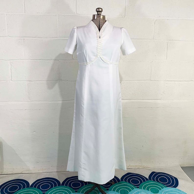 Vintage White Maxi Waist Dress 60s Mod Non-Traditional Wedding Short Sleeve Gown 1960s Mid-Century Bridesmaid Sequin V Neck Fashion Medium image 5