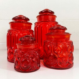 Vintage LE Smith Red Moon & Stars Glass Canisters Set of 4 Kitchen Canister Food Storage MCM Glassware 1960s Retro Cookie Jar image 2