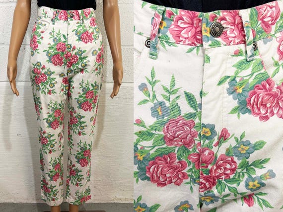 Vintage Charter Club Floral Jeans Cotton Rose Cottagecore Grandmacore Tapered Flower Pants Pink 1980s 1990s Small XS