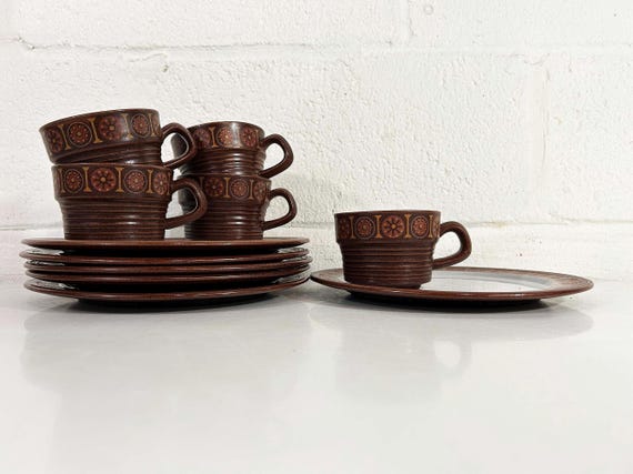 Vintage Brown Mod Snack Set: Cups and Plates, 1970s Japan