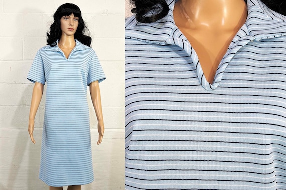Vintage Striped Blue Dress Americana Knitting Mills Miami V Neck Short Sleeve Shift 1970s 1960s Curvy Volup Large XL