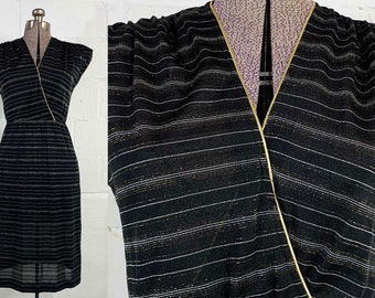 Vintage Sparkle Black Gold Striped Dress Sparkly Short Sleeves Festival Party Cocktail Sheer Dance Party Cocktail Evening NYE Medium 1970s