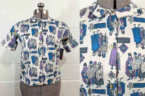 Vintage Mr. Leonard Victorian Pattern Button Front Shirt Blue White Purple Short Sleeve 1960s Small