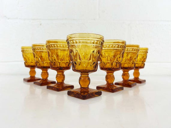 Vintage Amber Aperitif Glasses   Indiana Glass Park Lane Set of 7