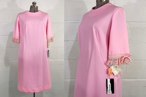 Vintage Pink Shift Dress Wiggle Lace Trim Half Sleeve Sheath Wedding Guest Party 1960s Yardley Fashion Mod Twiggy Deadstock NOS Large 60s