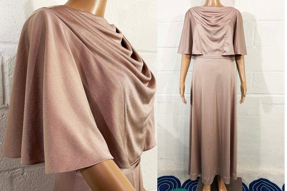 Vintage Taupe Grecian Maxi Dress: 1970s-80s Formal Gown Small Medium