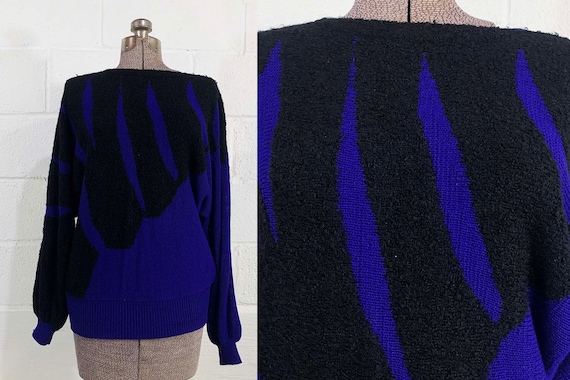 Vintage Tiger Stripe Batwing Sweater Knit Jumper Purple Black Jewel Tone Pullover Long Sleeve 80s 1980s Medium