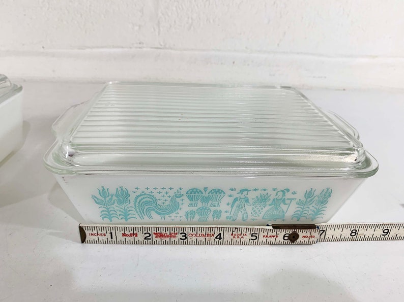 Vintage Pyrex Butterprint Refrigerator Dishes with Lids Amish Print Turquoise Blue Glass Dish Mid-Century 0503 0502 Ovenware Dopamine 1950s image 7