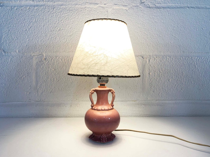 Vintage Small Pink Table Lamp Ceramic Light Decor MCM Rose Mid-Century Shade Accent Lighting Bedroom 1960s 1950s image 2