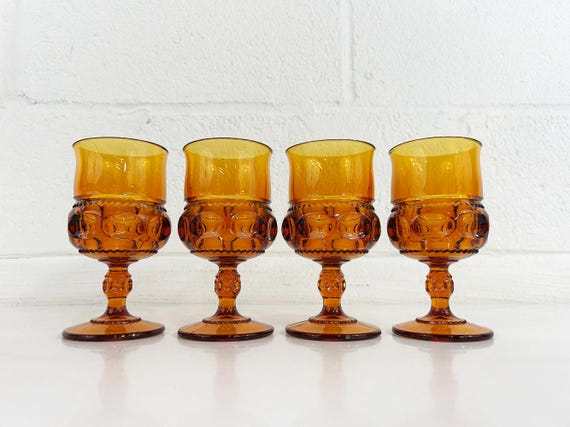 Vintage Amber Kings Crown Goblets Mount Vernon Water Glasses Thumbprint Stemmed Set of 4 Indiana Glass Yellow Orange 1970s 1960s