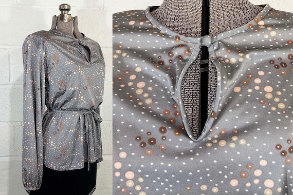Vintage Abstract Dot Print Blouse Tunic Marty Gutmacher Gray Long Peasant Sleeves Hippie Belted 1970s 1980s Large XL
