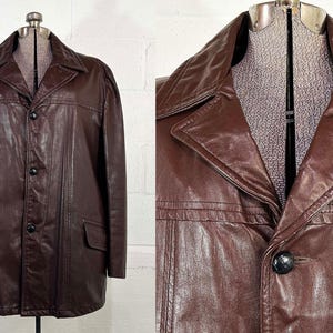 Vintage Brown Leather Coat Jacket Button Front JCPenny Removable Lining Large 1970s
