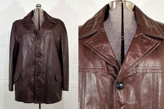 Vintage 1970s Brown Leather Coat Winter Jacket Hipster Button Front JCPenny Mod Satin Lining Removable Lining Large 70s