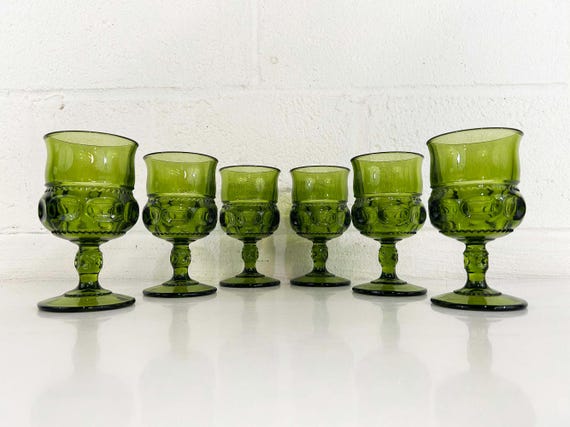 Vintage Green Kings Crown Goblets Mount Vernon Water Glasses Thumbprint Stemmed Emerald Set of 6 Indiana Glass Olive Green Avocado 1960s