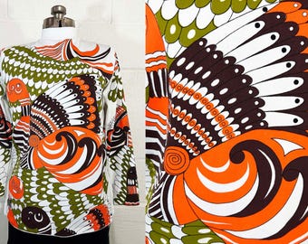 Vintage Psychedelic Print Mock Neck Top 1960s 1970s Mod Orange Green Brown Long Sleeve Blouse Large